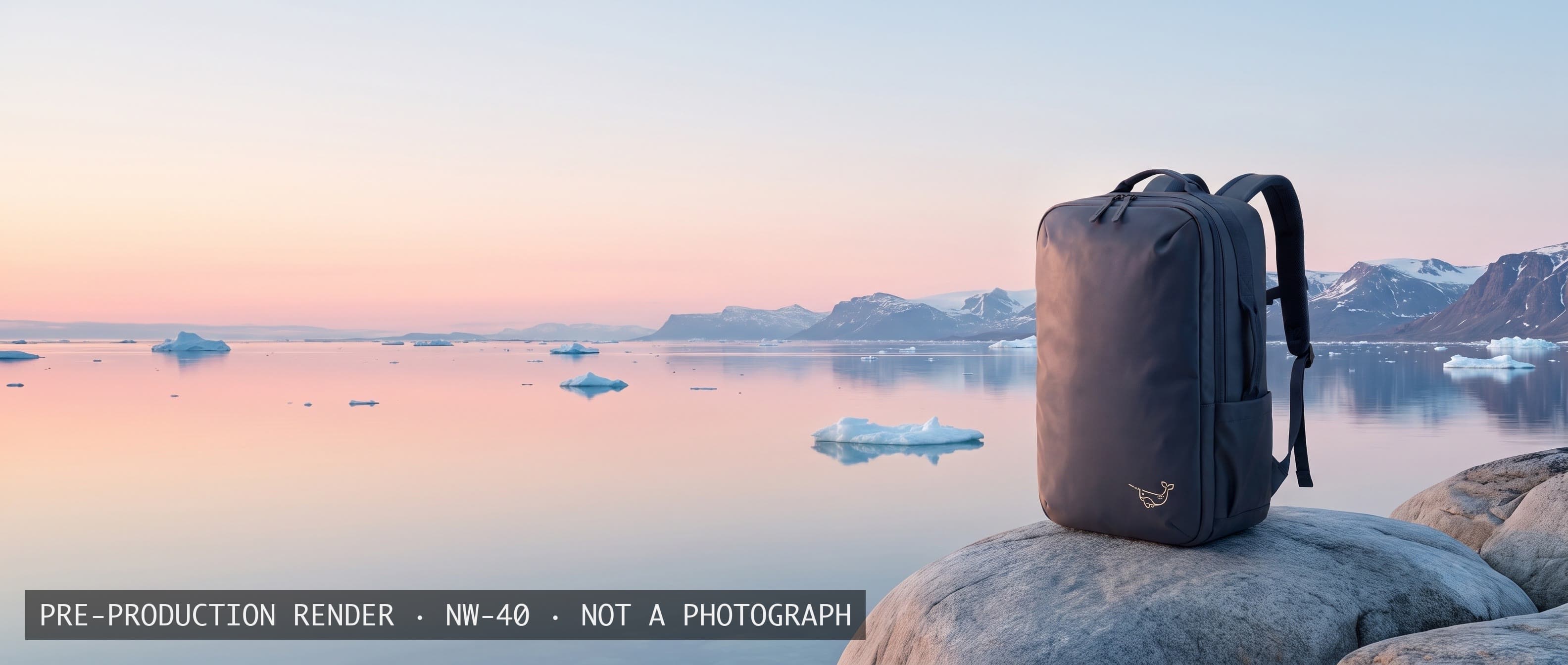 The Naarwhal Forty on a glacial boulder above an Arctic fjord at dawn
